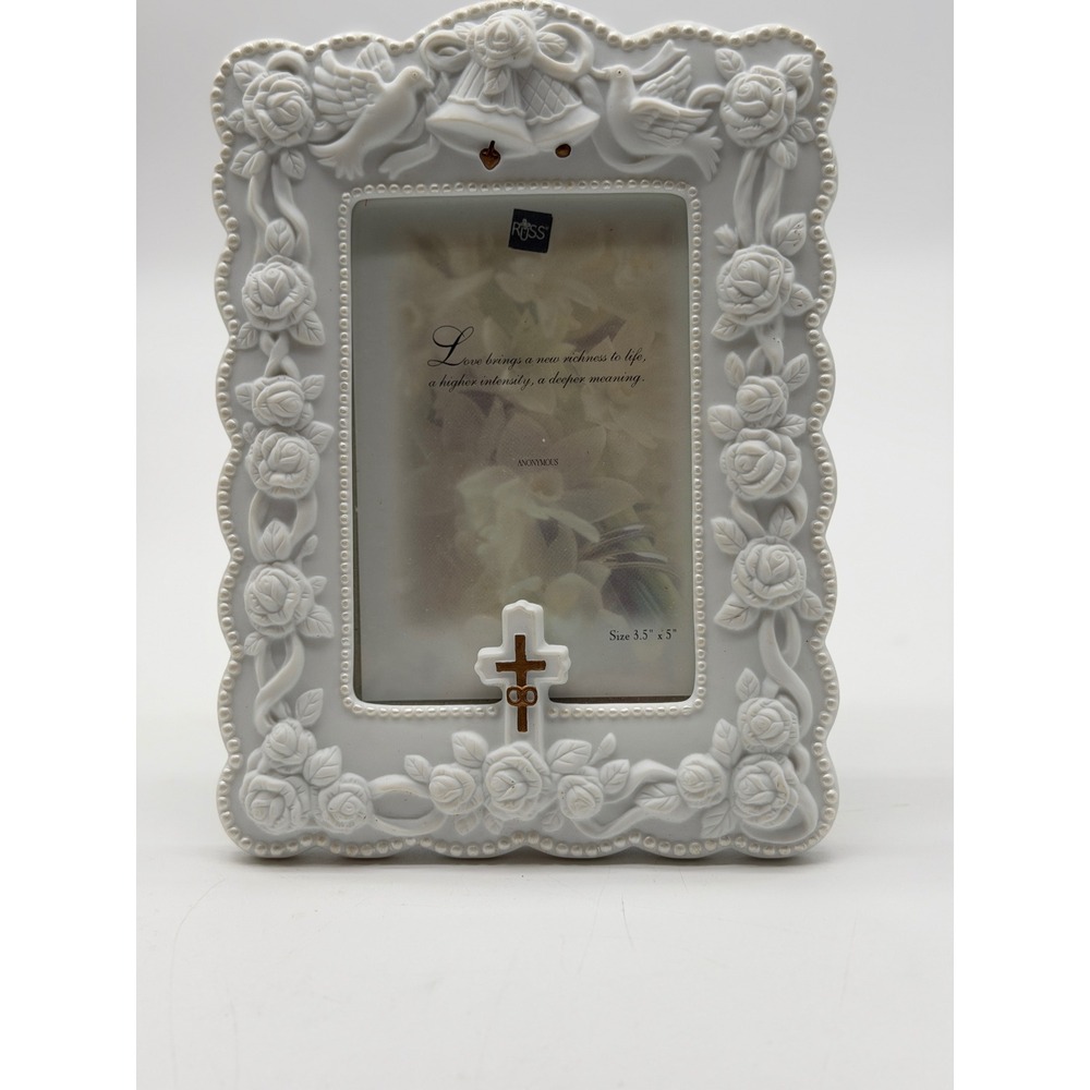Vintage Russ Berrie White Porcelain Wedding Frame Roses Doves Cross 3.5x5 14389